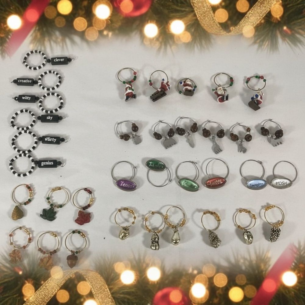 Vtg Lot 35 Wine Glass Charms Santa Fall Rustic Fruit Whimsical Girls Bunko Night